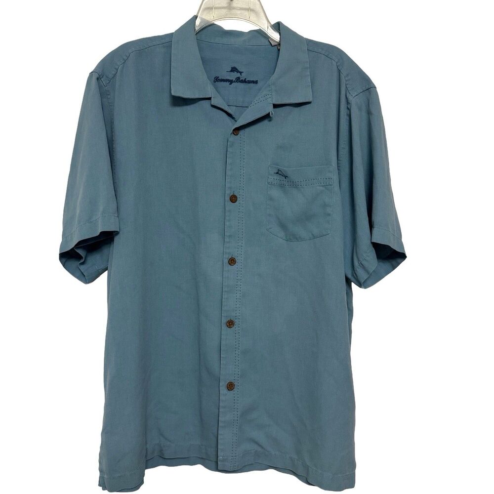 Tommy Bahama Shirt Mens Large Blue Silk Short Sleeve Button Front Logo Camp